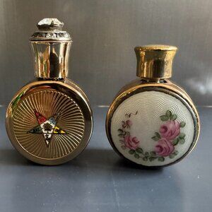 Vintage Mini Perfume Bottles - Guilloche Enamel and Czech Star Jewel Top